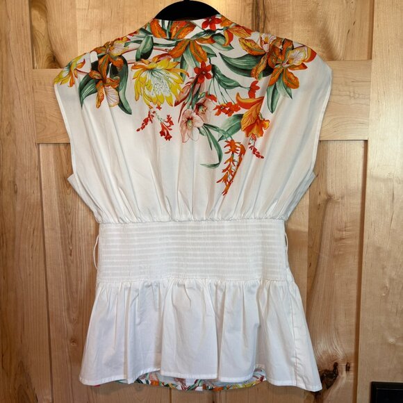 White House Black Market Short Sleeved Tie Waist Blouse S White Tiger Lily - Picture 10 of 12